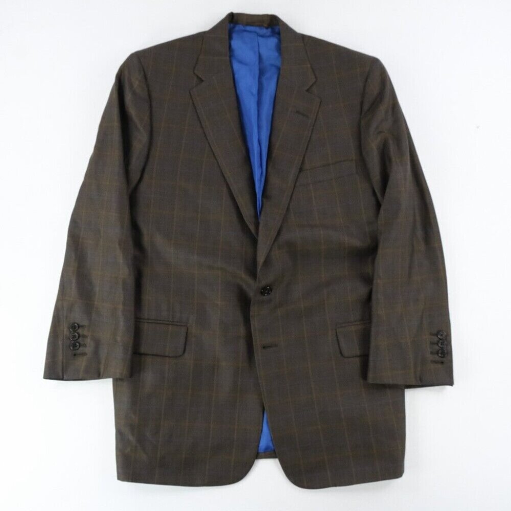 Holland & Sherry Mens Wool Lined Collared Button Plaid Suit Blazer Brown Size 40